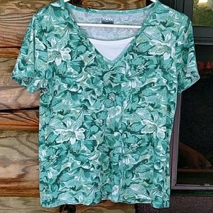 Greens and white floral top with little studs.